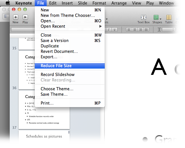 Menu option in Keynote "Reduce File Size"