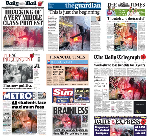 via http://politicalscrapbook.net/2010/11/nus-protest-front-pages/ 1 image used on 9 front pages